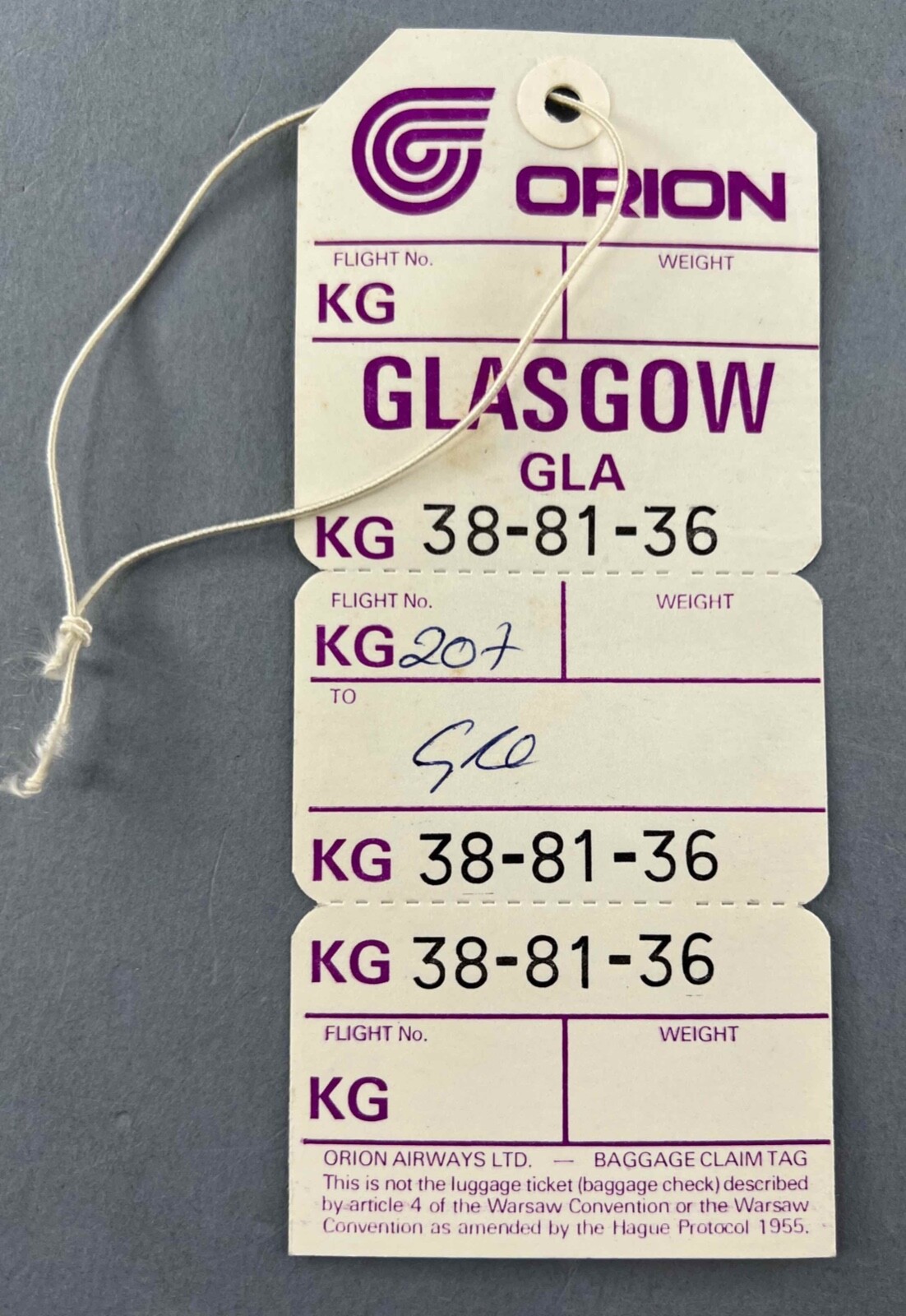 ORION AIRWAYS GLA GLASGOW VINTAGE AIRLINE BAGGAGE BAG TAG LUGGAGE LABEL