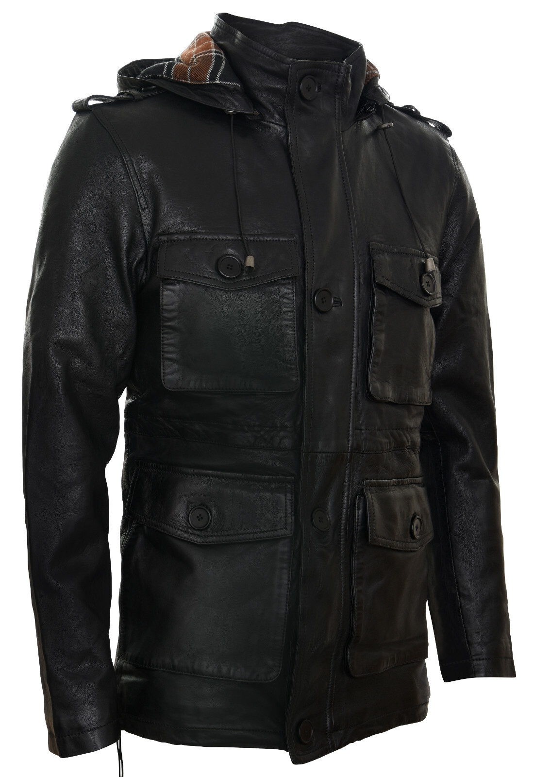 INFINITY MEN'S BLACK LEATHER CLASSIC HOODED OVERCOAT TRENCH MULTI-POCKET JACKET