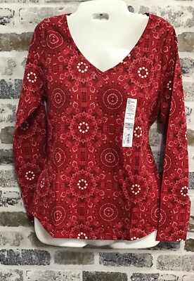 Sonoma Women s Size PETITE S Red Medallion Long Sleeve Essential V-Neck Tee NWT