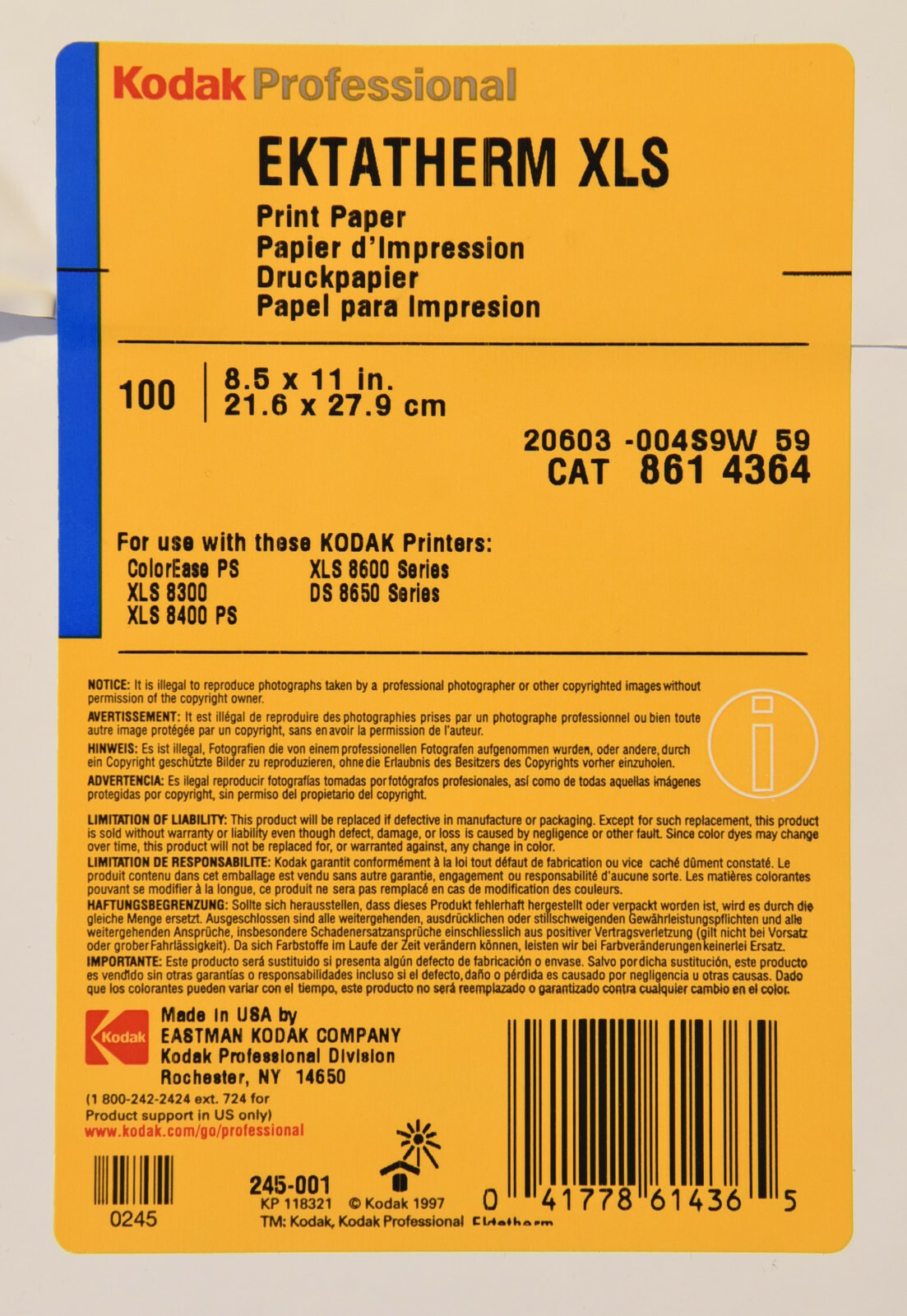 KODAK Ektatherm XLS 8.5 x 11 in. 100 sheets Printer Paper CAT 861 4364 Sealed!