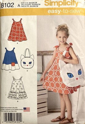 Simplicity 8102 Girls Sundress and Kitty Tote Bag Pattern Size 3-8 Uncut