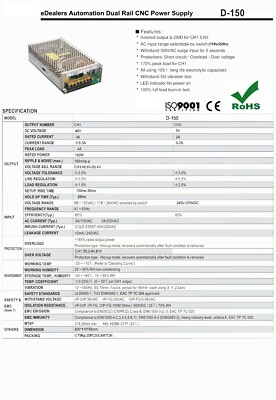 CNC Dual Rail 150w 110v/220v Selectable Power Supply Featuring (48v 3a & 5v 2a)