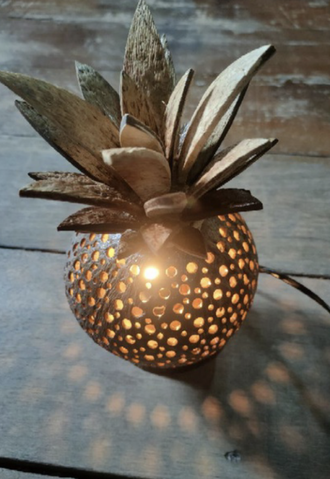 Handicraft Coconut Shell Pineapple Carved Lamp Shade. Indoor