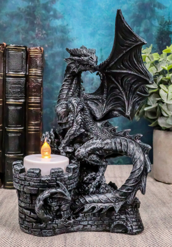 Ebros Fire Dragon Perching On Castle Fortress Tea Light Candle Holder Statue 7"H