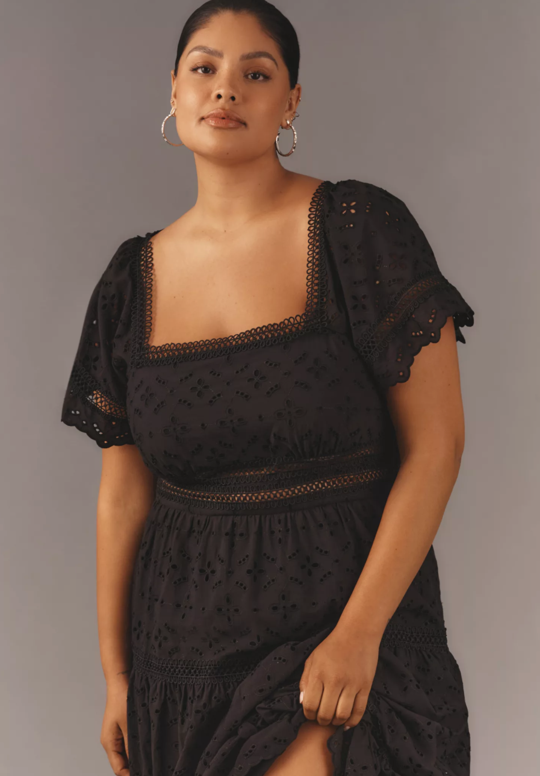 Pre-owned Anthropologie The Violetta Square-neck Eyelet Black Midi Dress By Maeve