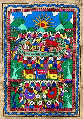 11 1/2 X 16'' Mexican Folk Art Amate Bark Bird Cactus Flower Painting Aztec 