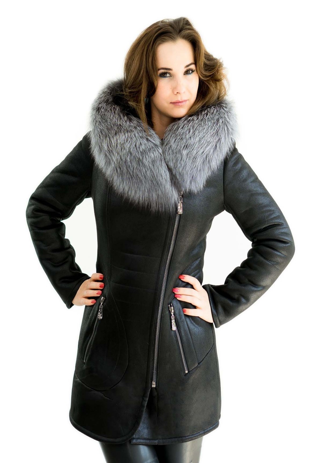 MARKENLOS DAMEN WINTER JACKE PARKA MANTEL PELZ SILBERFUCHS PELZKRAGEN ECHTFELL ECHTPELZ