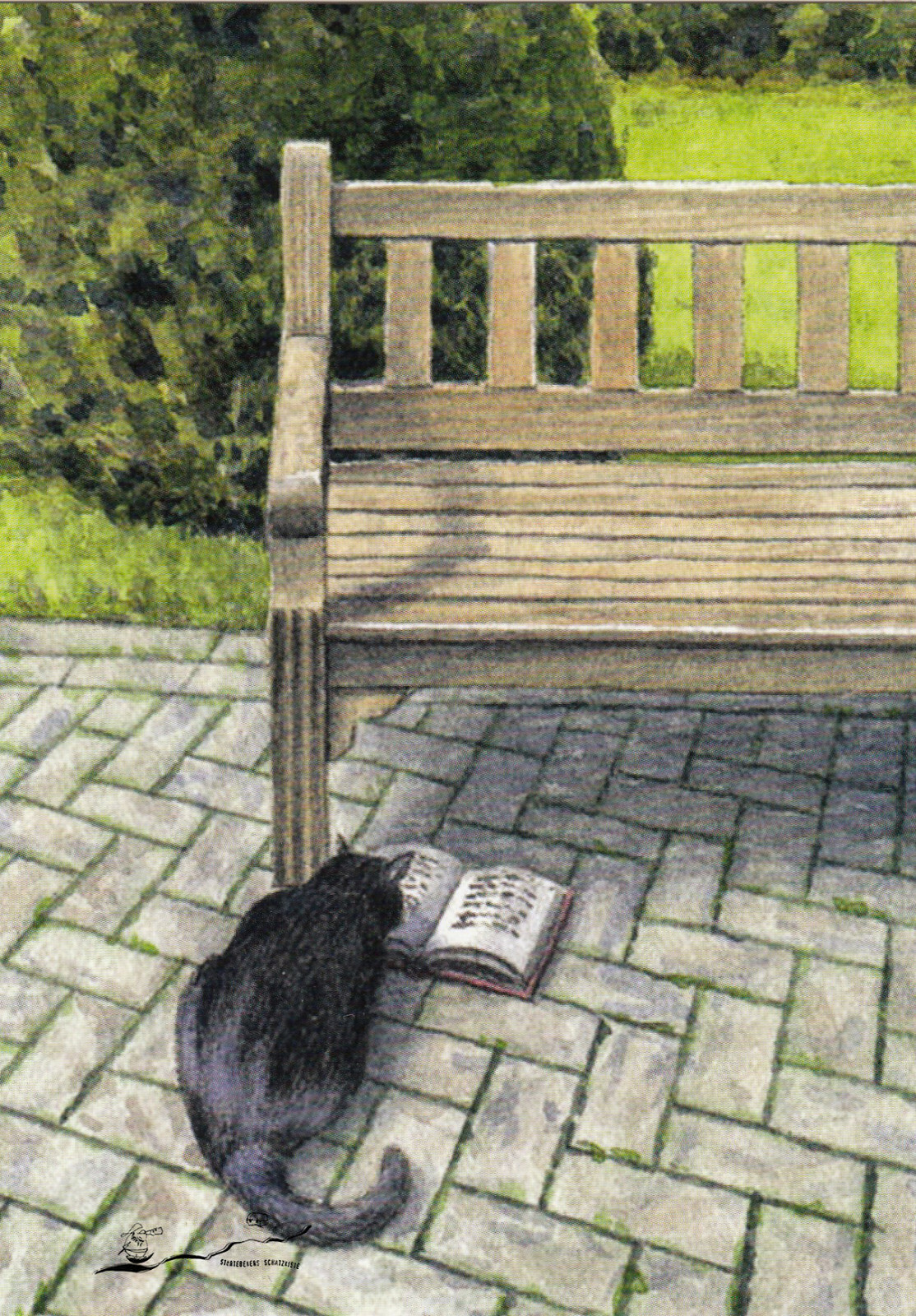 Postkarte: Toda - Lesende Katze vor Parkbank