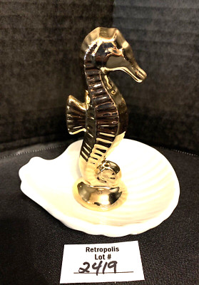 Gold Tone Seahorse White Clam Shell Trinket Tray Nautical Ring Dish Ceramic