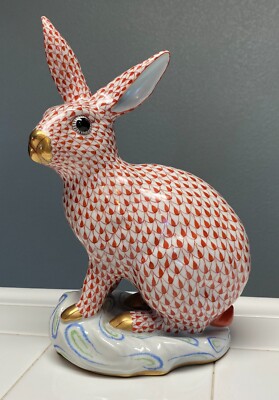 Herend Porcelain, Fishnet Style, Large Rabbit Rust Red, 11.75'' h