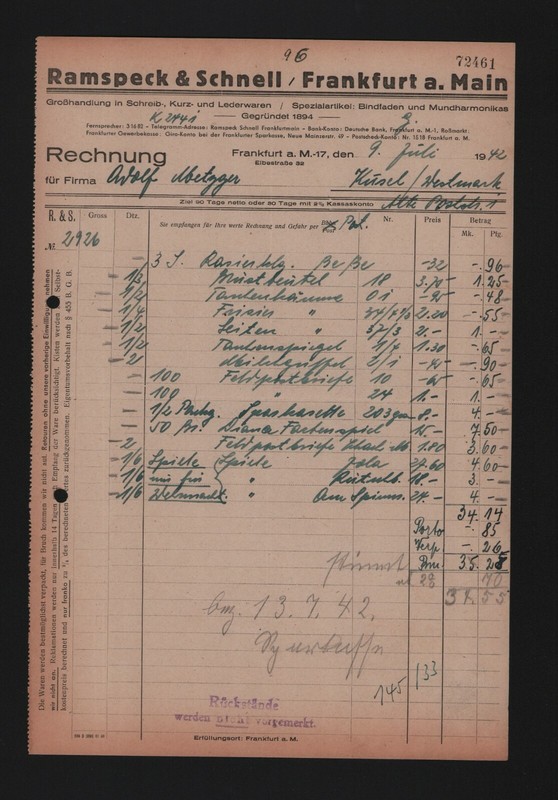 Frankfurt/M., Rechnung 1942, Ramspeck & Schnell Schreib-Kurz-Lederwaren-Grosshan