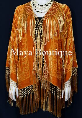 Pre-owned Maya Matazaro Orange Kimono Silk Burnout Velvet Fringe Jacket Short  Made In Usa