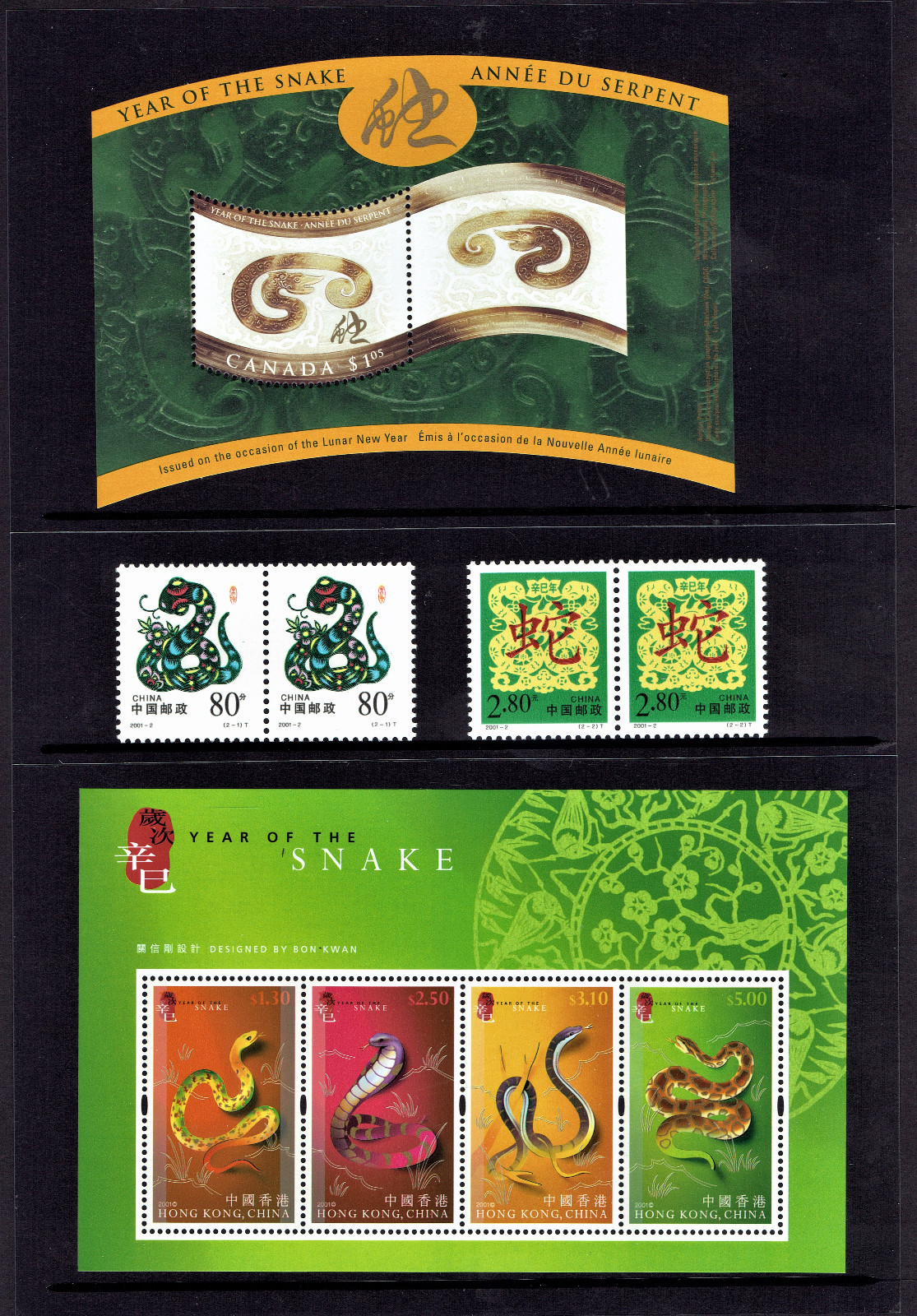 “2001 Year of the SNAKE” - Pack w/ 2001 Canada, China & Hong Kong Postage Stamps