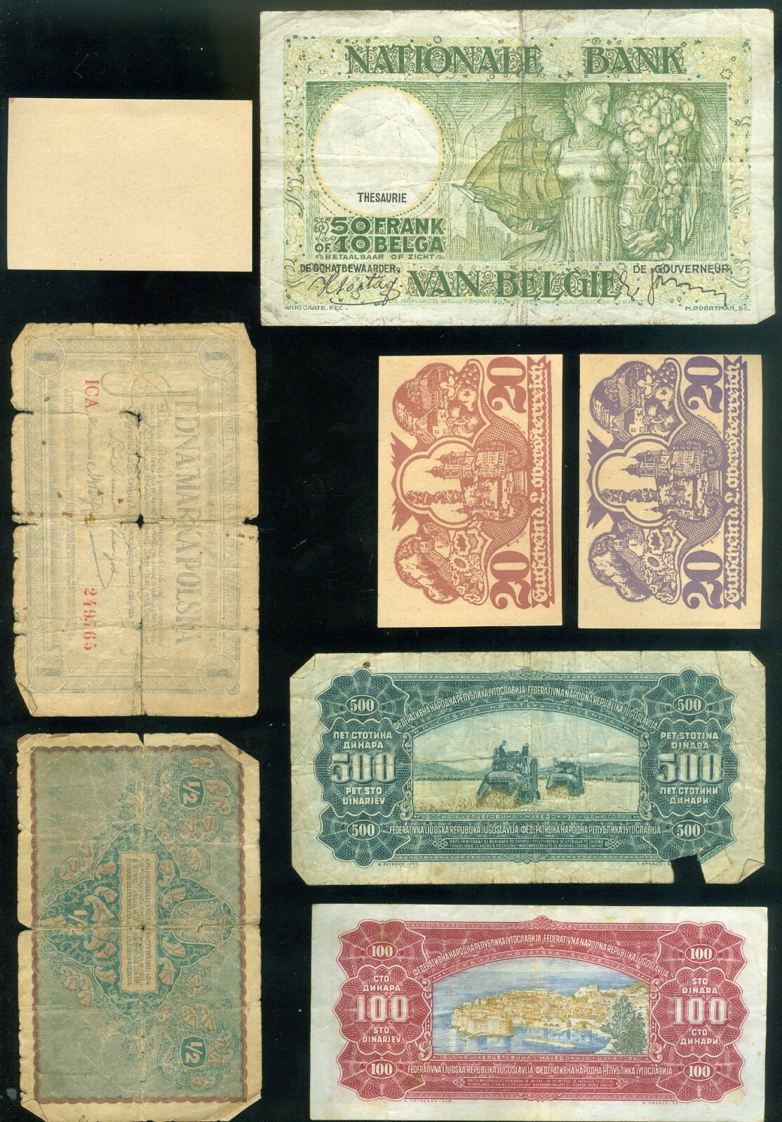 (8)  European banknotes Belgium, Yugoslavia, Austria & Poland 1920's 1938, 1955