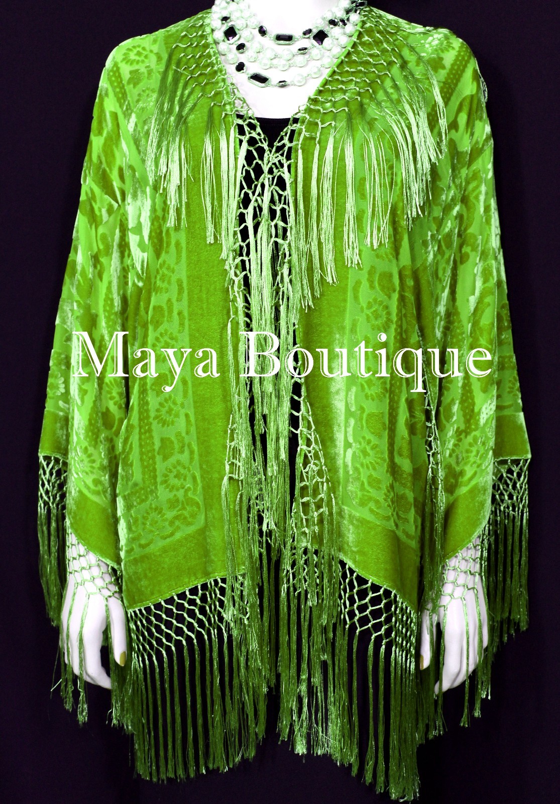 Pre-owned Maya Matazaro Fringe Jacket Short Kimono Duster Silk Burnout Velvet Lime Maya Boutique In Green