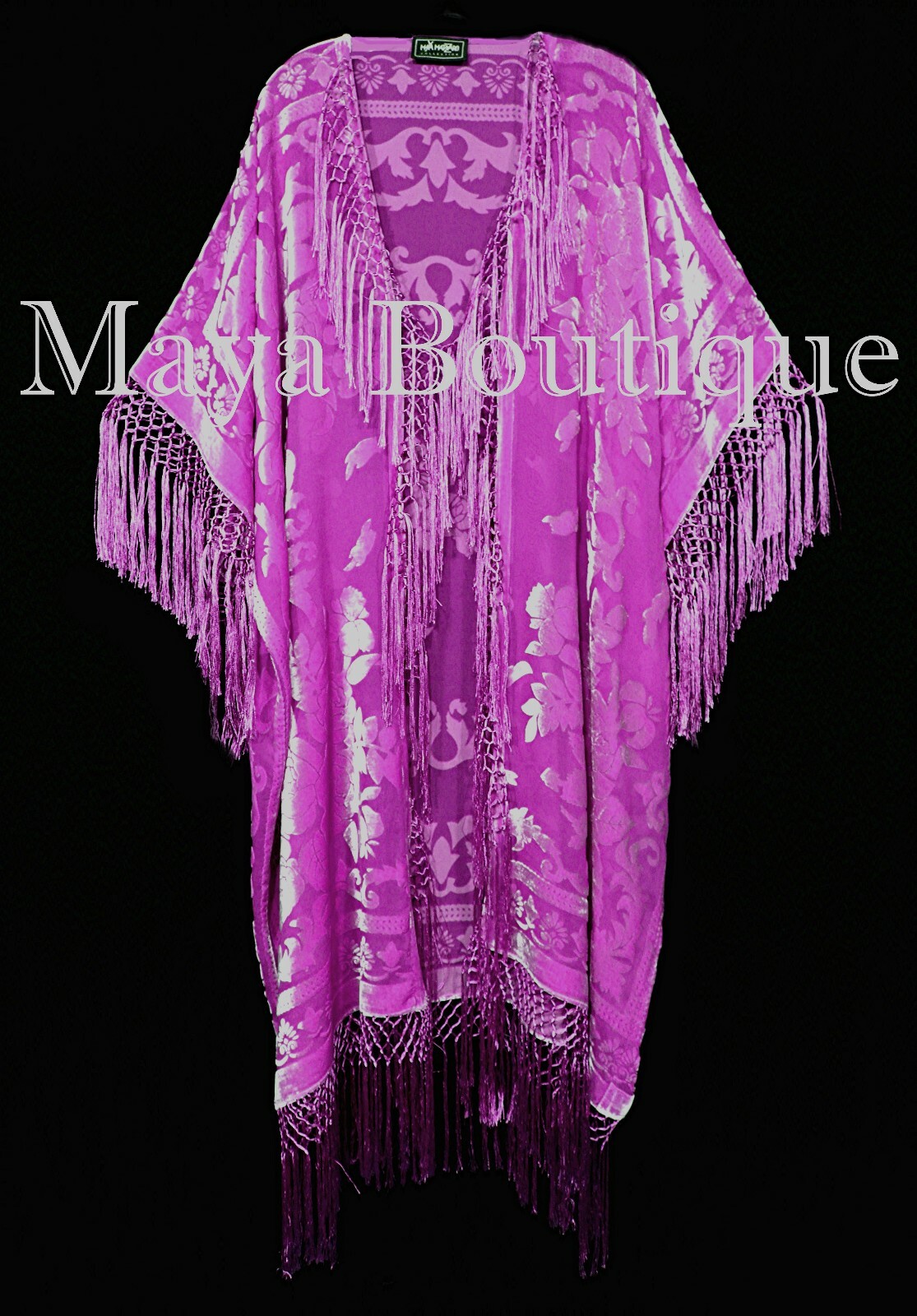 Pre-owned Maya Matazaro Fringe Jacket Kimono Duster Silk Burnout Velvet Candy Pink  Plus