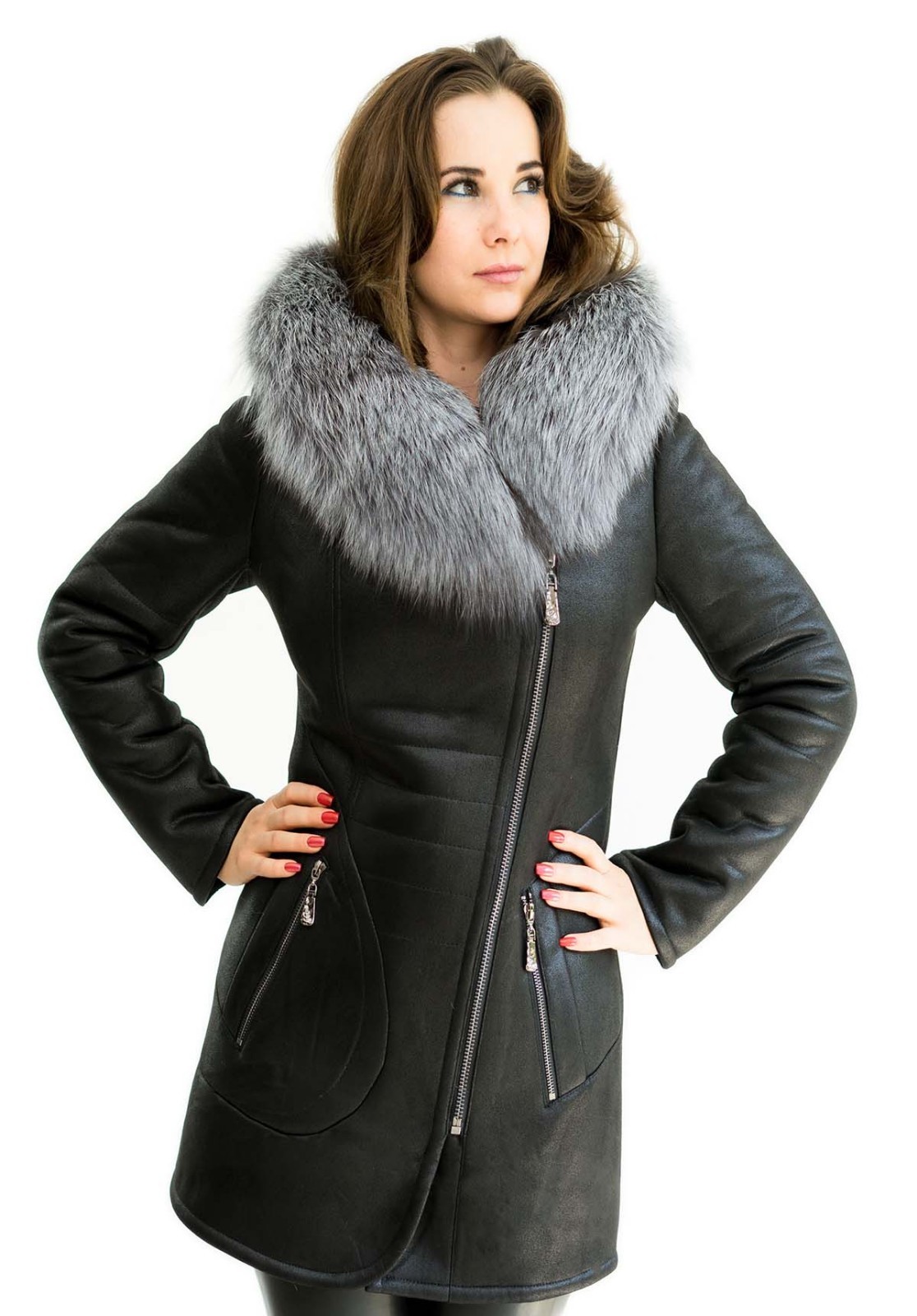 MARKENLOS DAMEN WINTER JACKE PARKA MANTEL PELZ SILBERFUCHS PELZKRAGEN ECHTFELL ECHTPELZ