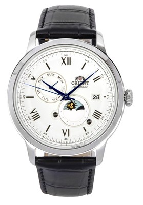Pre-owned Orient Bambino Version 9 Sun And Moon Phase White Dial Ra-ak0802s10b Mens Watch