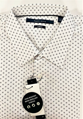Perry Ellis Men's Dainty Dot Print Long Sleeve Stretch Shirt, White[ XL]