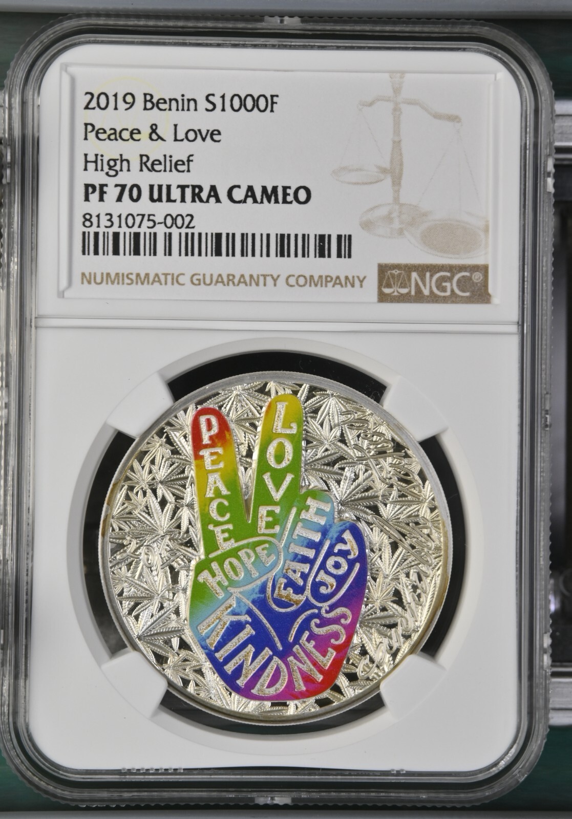 2019 1000 Francs Benin Peace & Love 1 oz. .999 Silver Coin