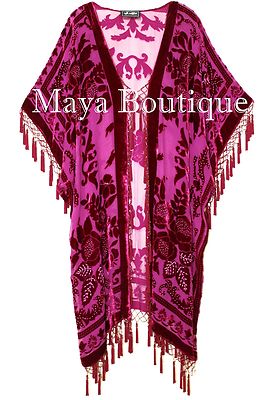 Pre-owned Maya Matazaro Fuchsia Beaded Silk Burnout Velvet Kimono Opera Coat Fringe Jacket In Pink