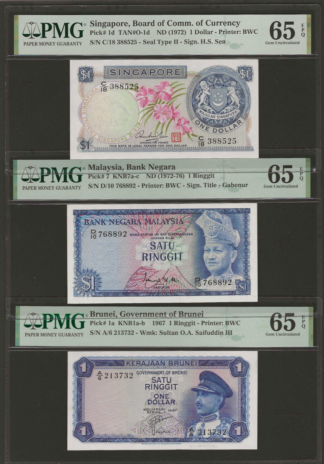 BRUNEI MALAYSIA SINGAPORE $1 Ringgit / Dollar 1967 & 1972