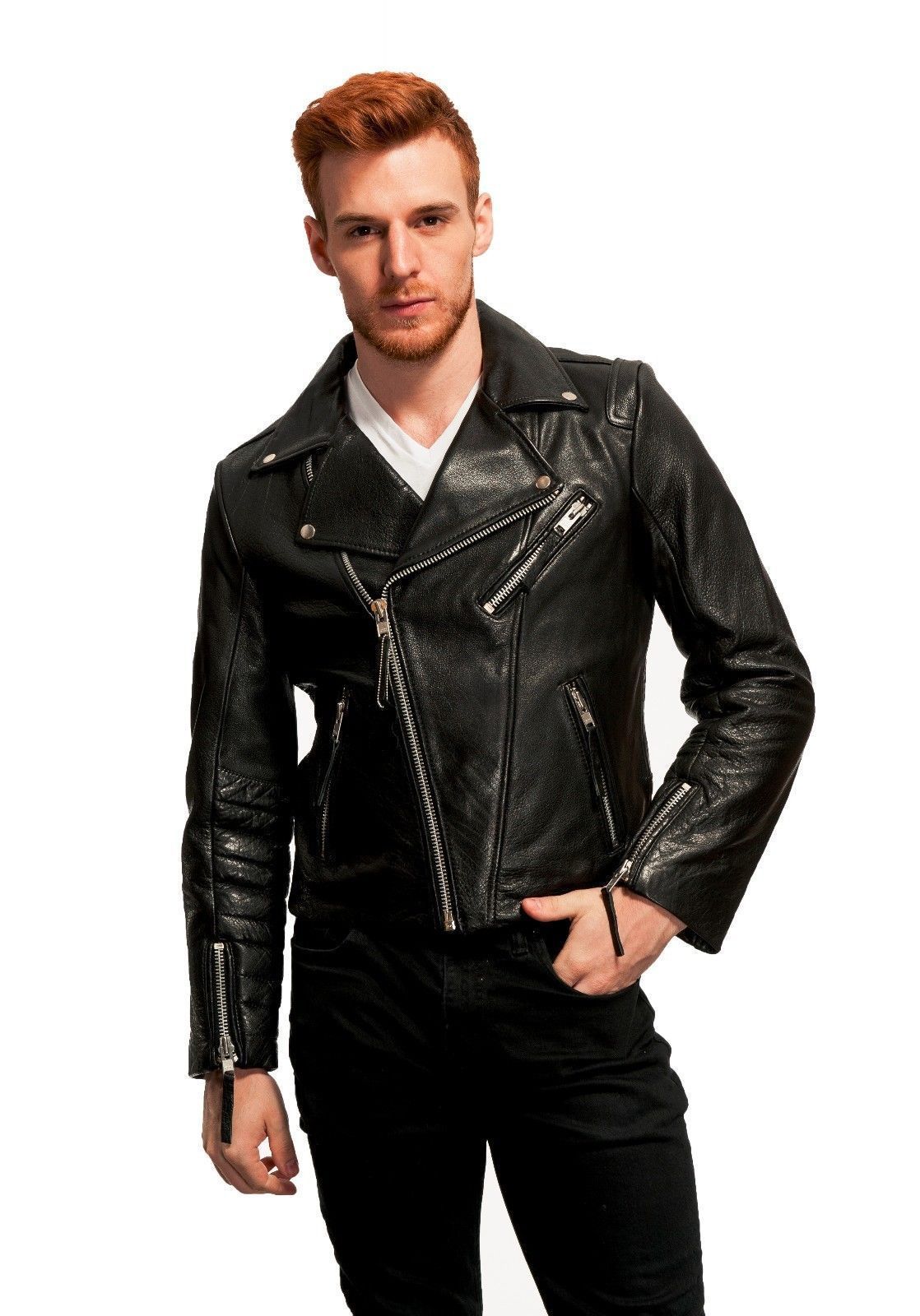 ジャケット・アウター EMMETI LAMBSKIN Leather Jacket BLACK 50 Men's Genuine Lambskin Leather Jacket Black Slim fit