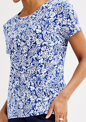 Women's Croft & Barrow Classic Tee Shirt Top XL - Blue Retro Paisley - New