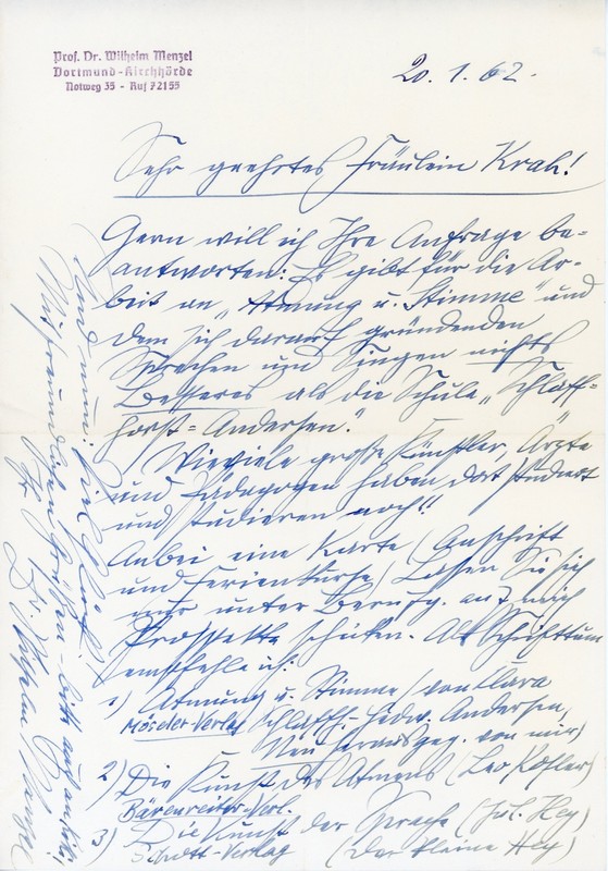 Brief Prof. Wilhelm Menzel An FrÃ¤Ulein Krah 20.1.1962
