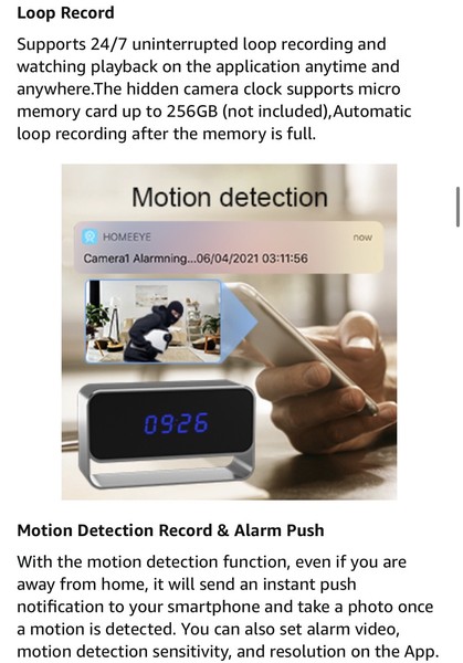 Hidden camera clock advertisement with motion detection features.