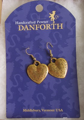 Danforth Pewter Vermont Made 24K Gold Plated Florentine Heart Pierced Earrings