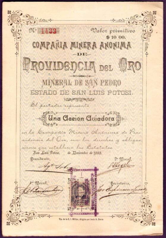 Providencia Del Oro Mining 1893 San Luis Potosi Mexico Stock Certificate