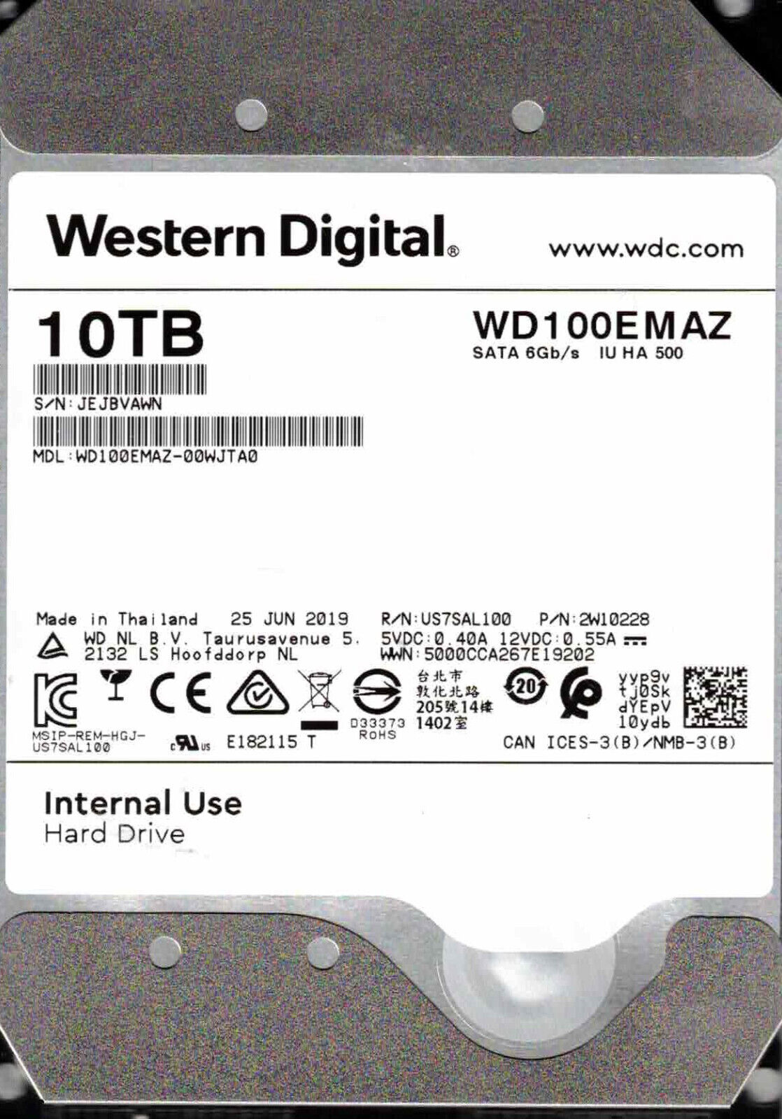 WD100EMAZ-00WJTA0, 2W10228, WESTERN DIGITAL SATA 10TB JEJB WD100EMAZ-00WJTA0, 2W10228, WESTERN DIGITAL SATA 10TB JEJB