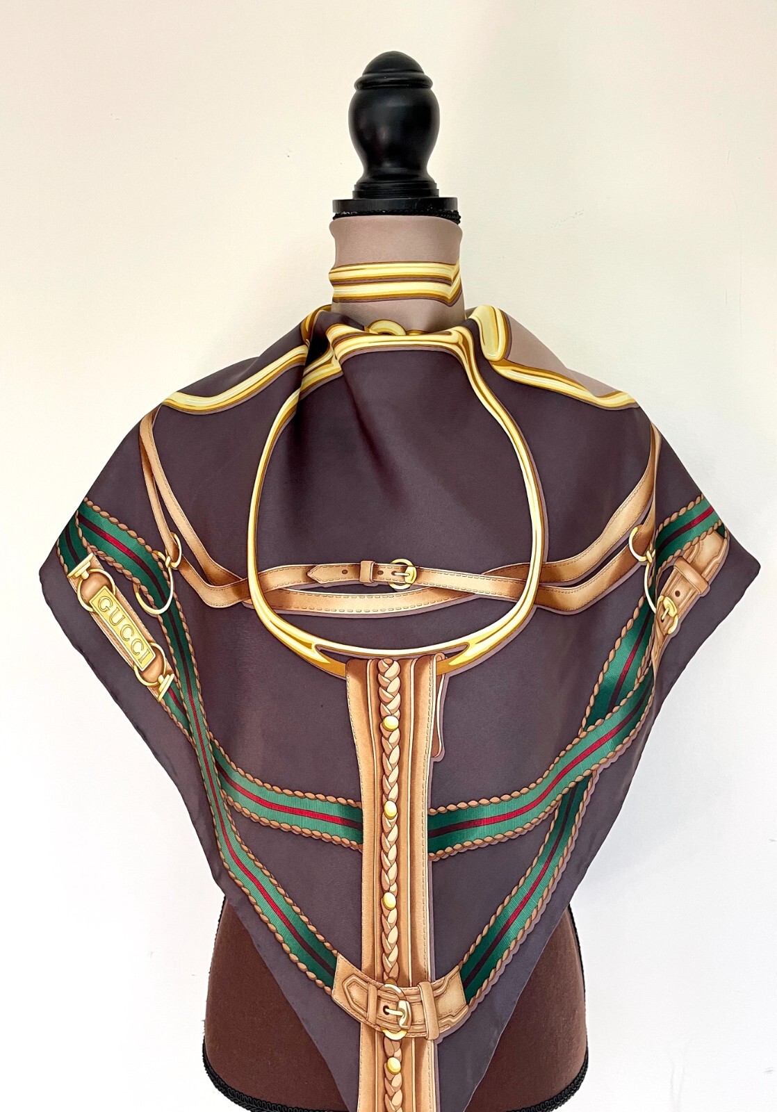 Pre-owned Gucci Unisex  Silk Wrap Logo Print Horsebit Equestrian Brown Beige Scarf