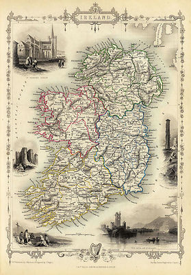 1851 Map Ireland Famous Sites Irish Harp Clover Wall Art Poster Vintage History