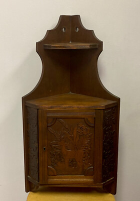 as is, VINTAGE ART DECO CORNER WALL SHELF CABINET WOOD VINTAGE CARVED DEER