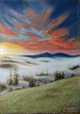New Original Pastel Paper Fog Mountains Drawing Art 16X12'' A3