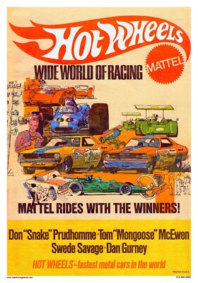 HOT WHEELS SNAKE AND MONGOOSE FUNNY CAR DRAG RACING 1970 POSTER 24 X 36 INCH WOW