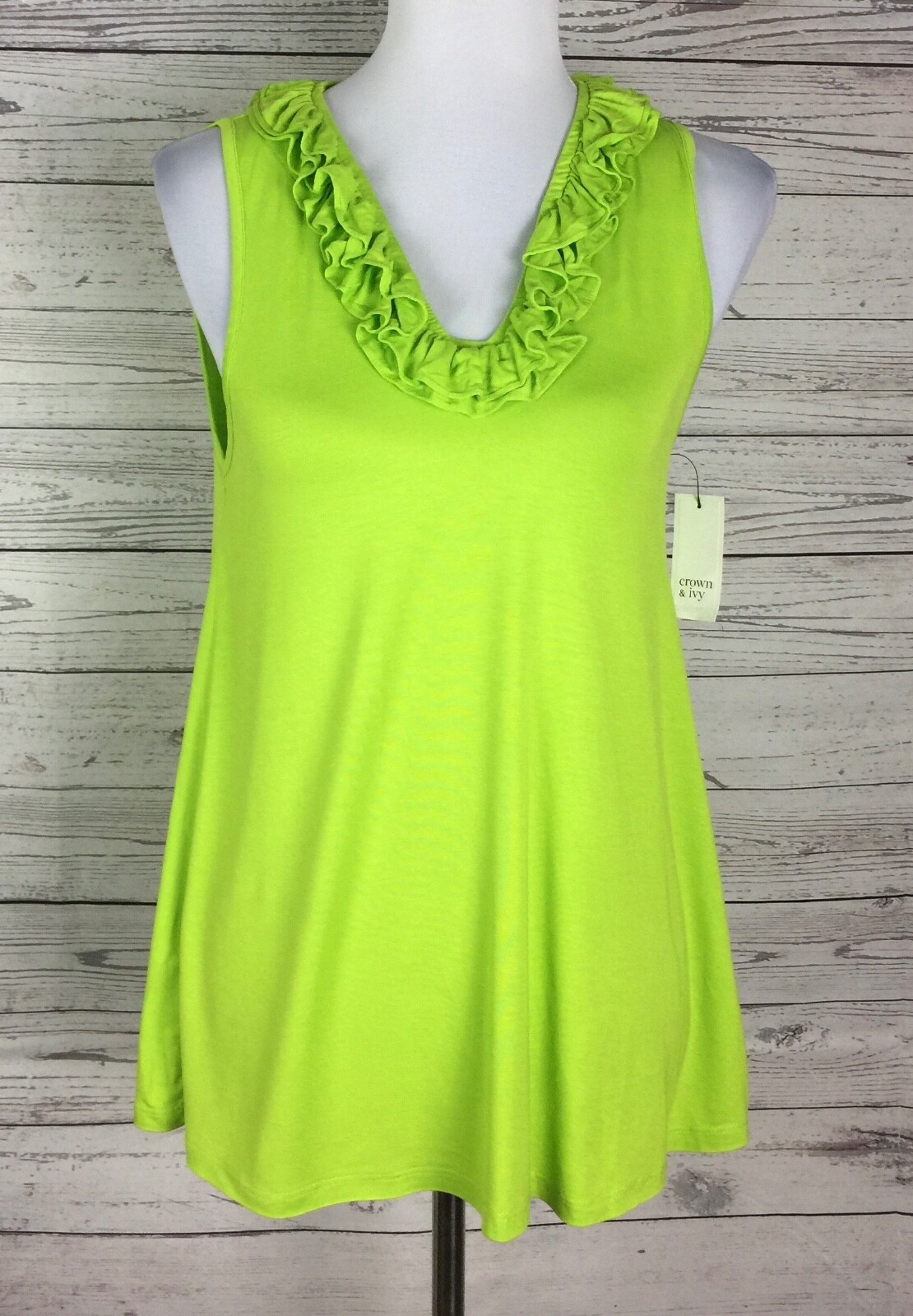 Crown & Ivy Women's Lime Green Sleeveless Ruffle V-Neck