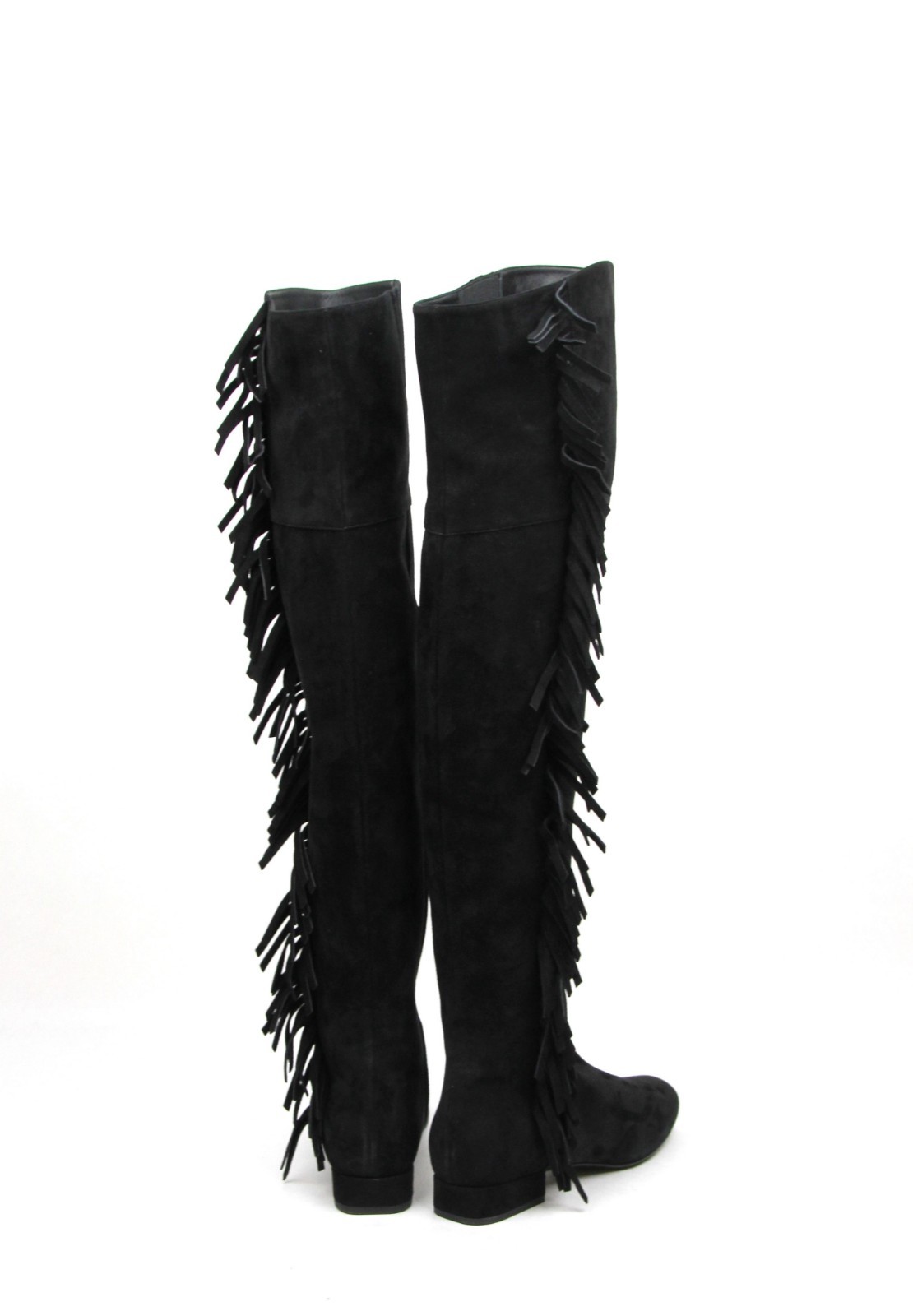 Pre-owned Saint Laurent Woman's Black Suede Over The Knee Fringed Boots 438270 1000