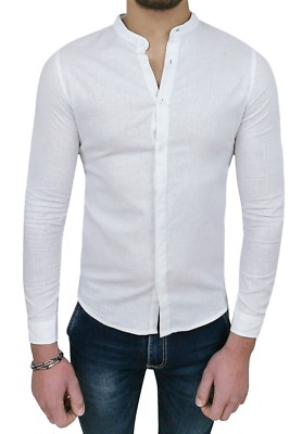 UOMO CAMICIA DI LINO SARTORIALE BIANCO SLIM FIT CON COLLETTO ALLA COREANA