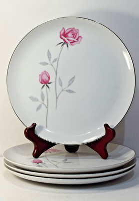 Nasco Belair Japan 10'' Dinner Plate - Set of 4 Pink Rose Gray Leaves Brown Stem