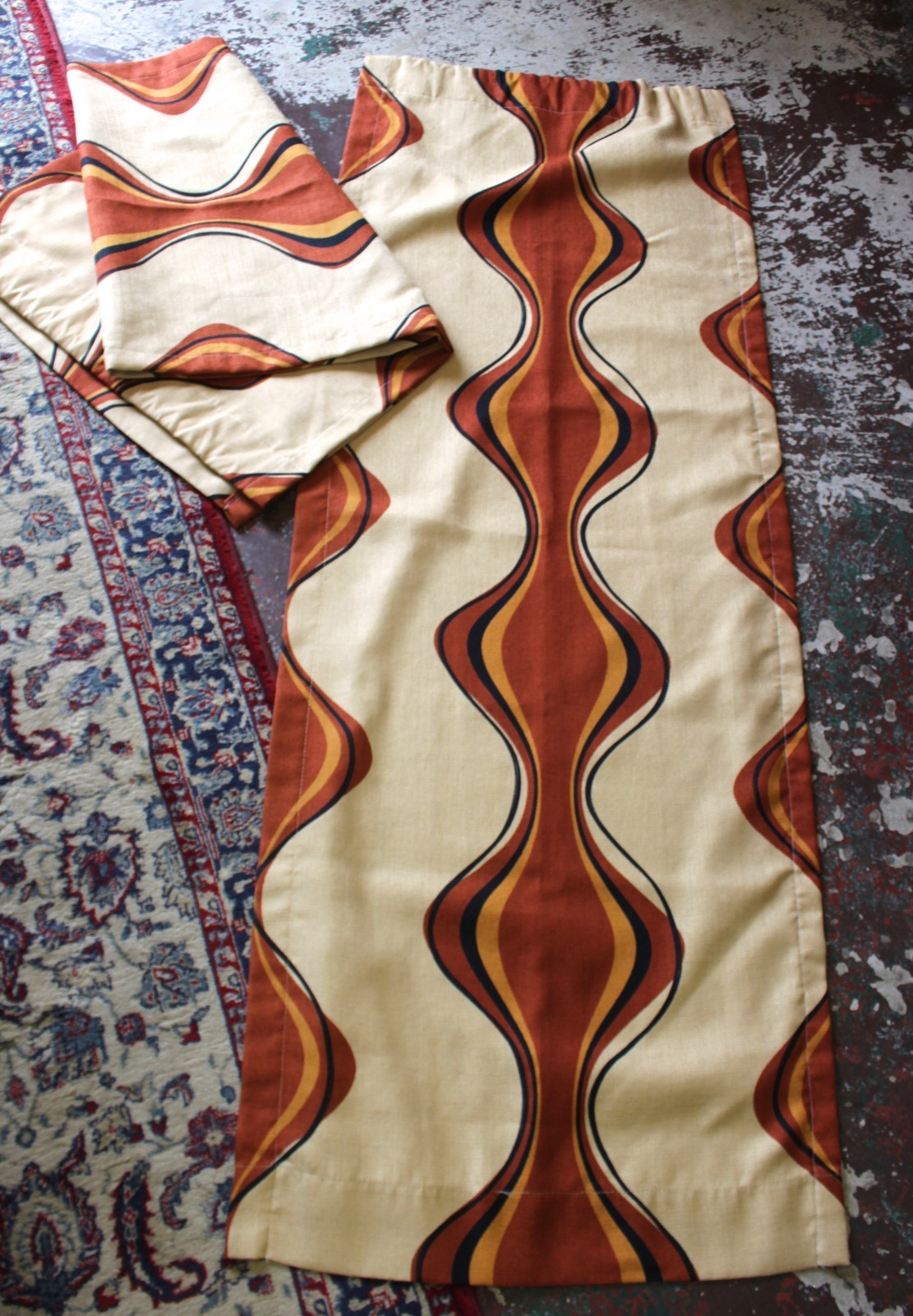 Two Mid-Century Modern Atomic Style Drapery Panels Curtains Fabric Barkcloth