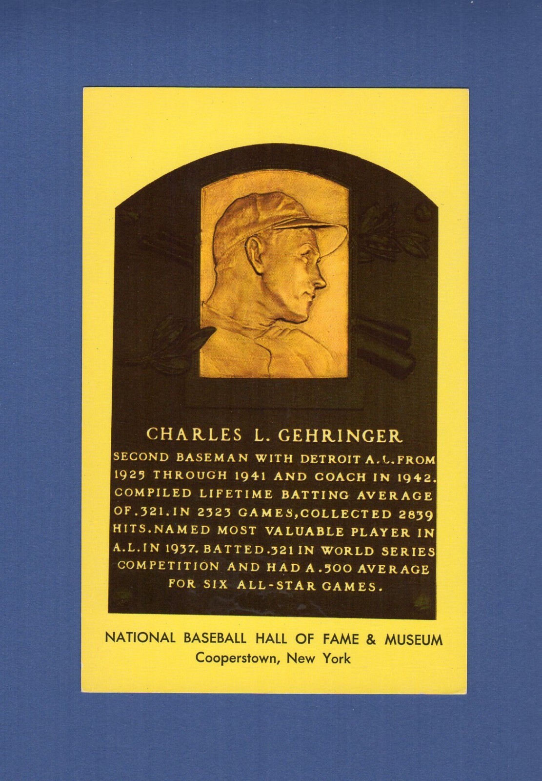 CHARLIE CHAS. GEHRINGER, Tigers ~ 1964 HOF postcard Curteichcolor