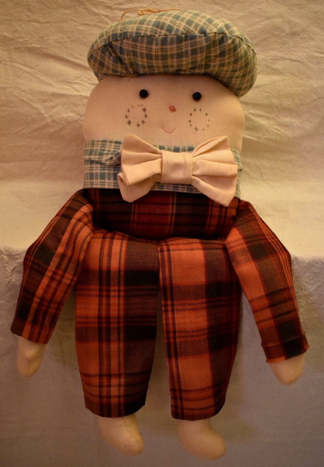 Humpty Dumpty Stuffed Doll Pillow Sit or Hang Plaid Bow Tie over 13 inches tall