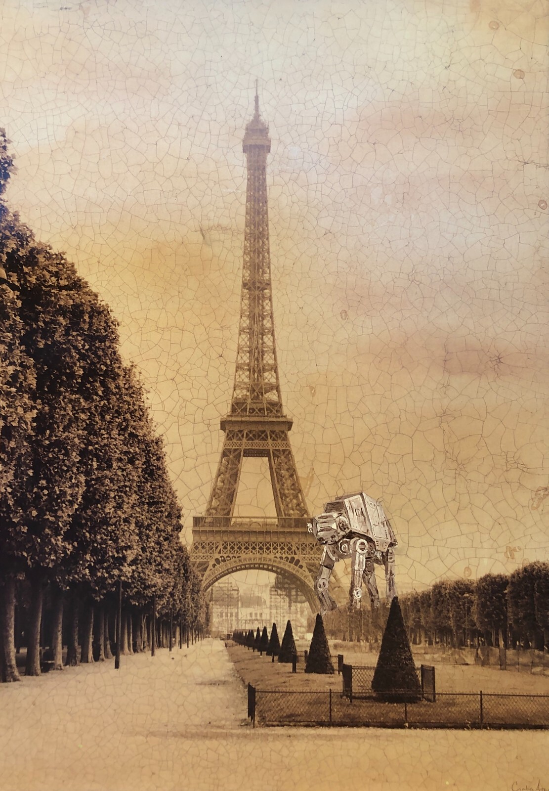Eifel tower at-at star wars art print poster upcycled thrift store painting