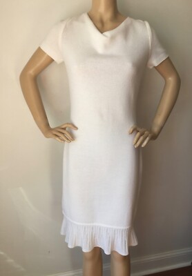 Pre-owned St John Knit Dress Size 2 Bright White Ruffle Santana Knit Wool Rayon
