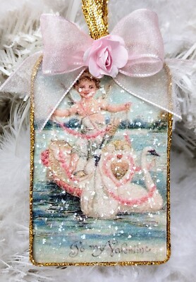 Victorian Valentine Decoupage Glass Glitter Shabby Pink Rose Cherub Ornament