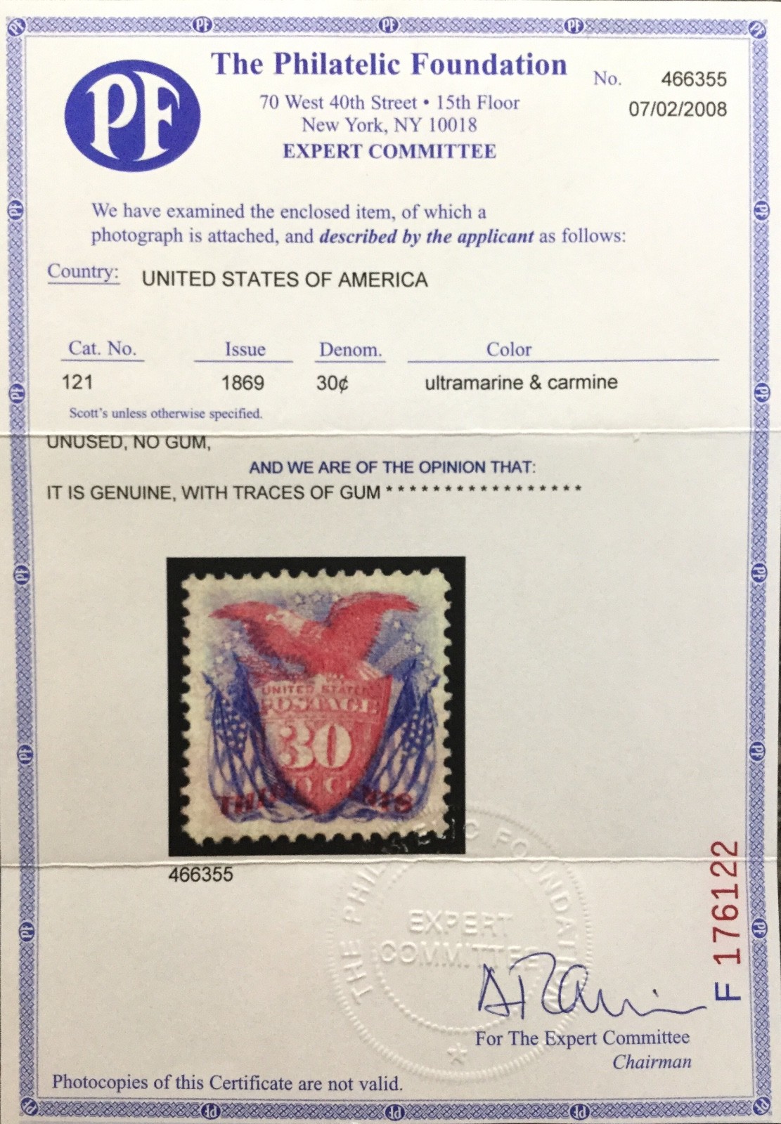 #121 Unused part OG,1869 Pictorial 30¢ Shield, Eagle & Flags W/ PF Cert.
