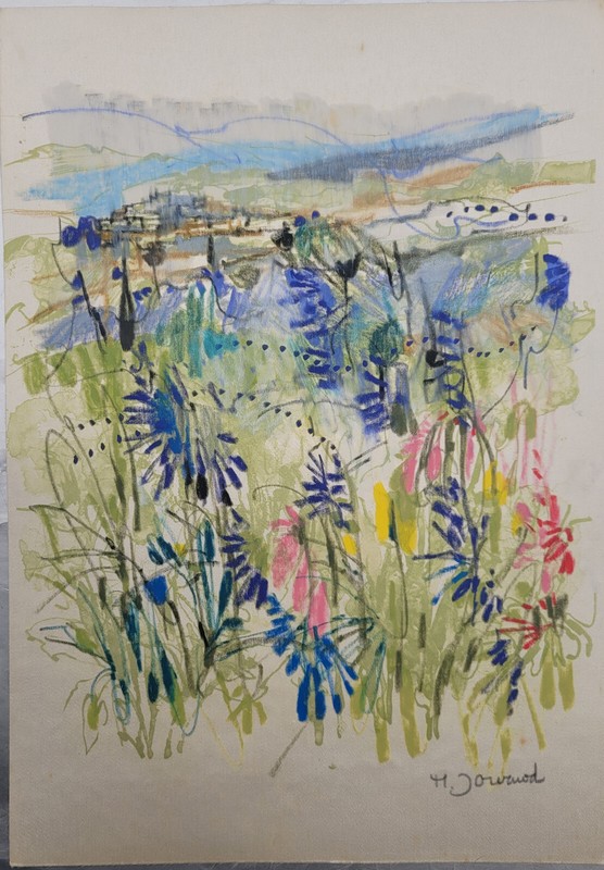 Lithographie Originale Monique Journod 38 Par 27 Cm Paysage Fleuri